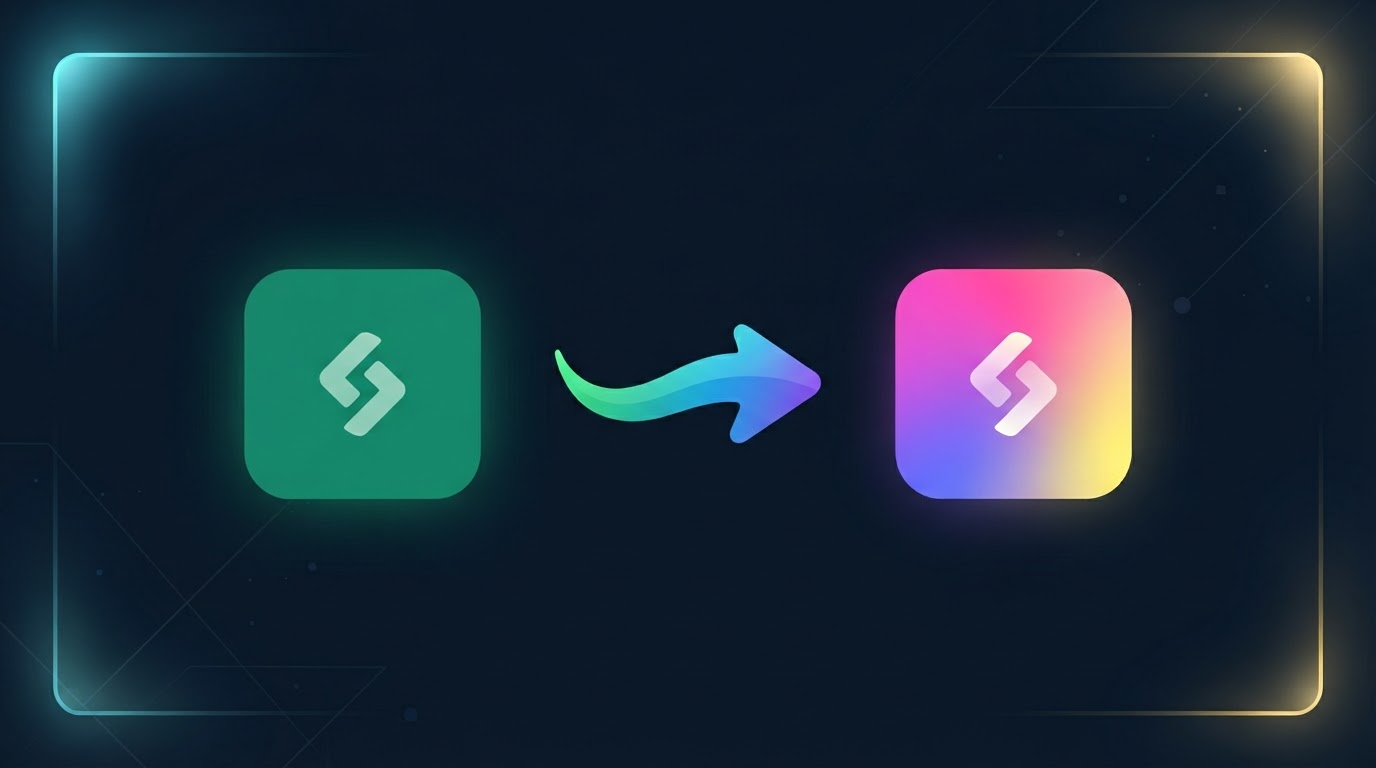 Illustration of a brand transition: a green app icon transforming into a colorful gradient app icon on a dark background